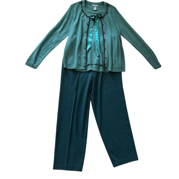 KORET Women's M/L Sweater Vest Cardigan & Pants Set Green Spring Floral - Picture 1 of 5